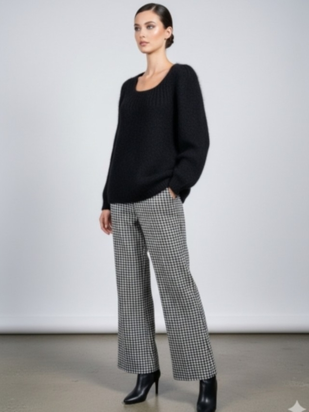 CAbi Black & White Houndstooth Wide-Leg Pants